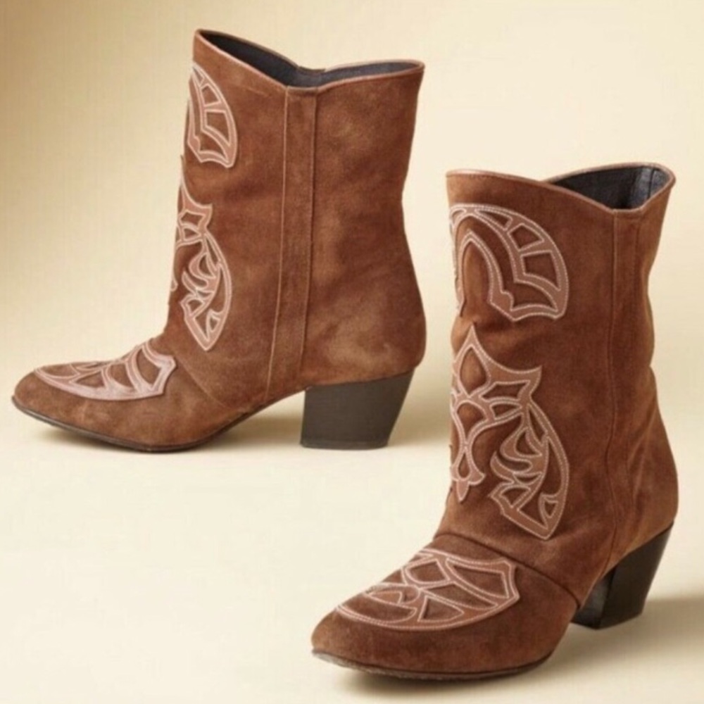 Vintage SUNDANCE Western Boots Suede Cowgirl Italy, BOHO Sienna Brown 38=6.5/7M